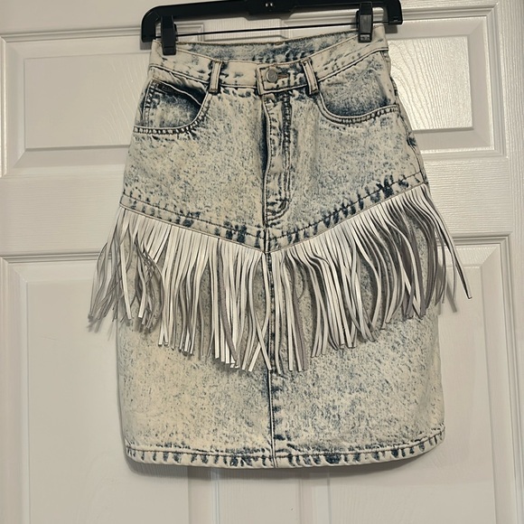 Paris Express Dresses & Skirts - Vtg Paris Express Acid Wash Denim Fringe Skirt